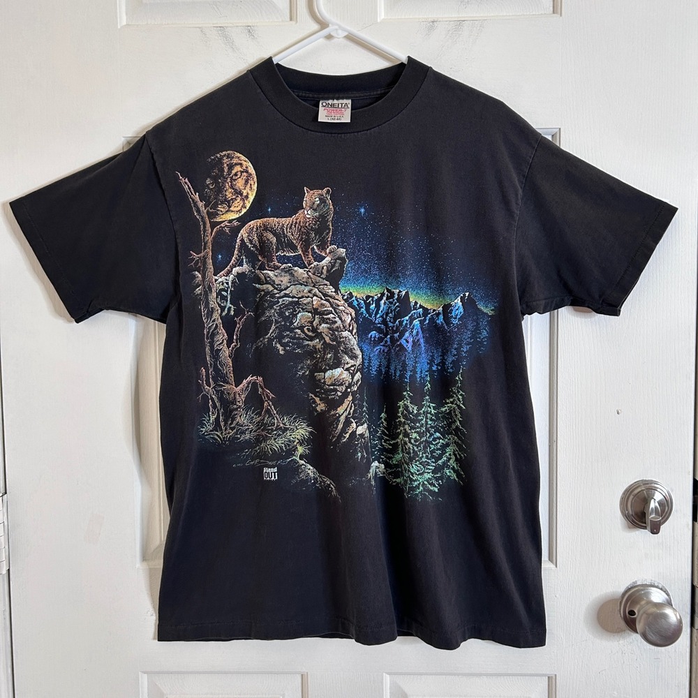 Vintage Oneita Graphic Tee Mens Large Black 1993 Gardner Cougar Mountain Moon